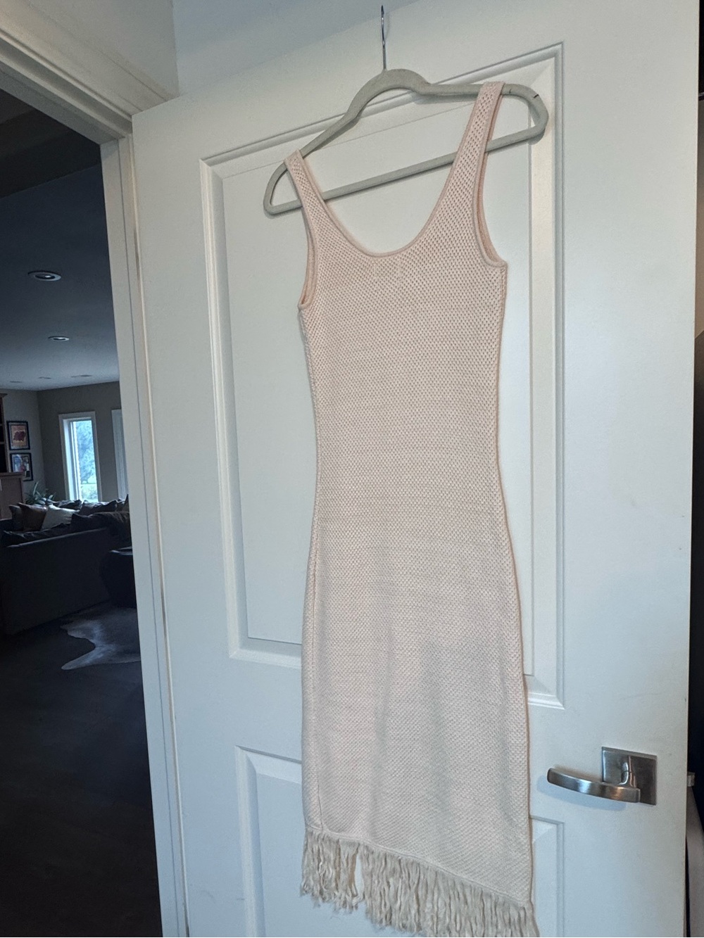 Sleeveless Knit Fringe Midi Dress in Cream